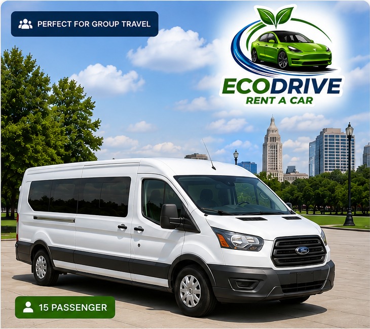 White low-roof Ford Transit 15 passenger van
