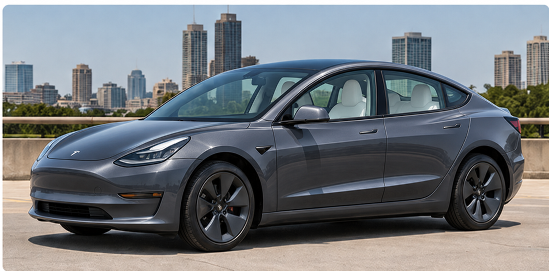 Gray Tesla Model 3 with white interior